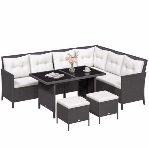 Outsunny 6 Piece L-Shape Rattan Garden Furniture Set with Ottoman and Coffee Table, Black and Grey – 1