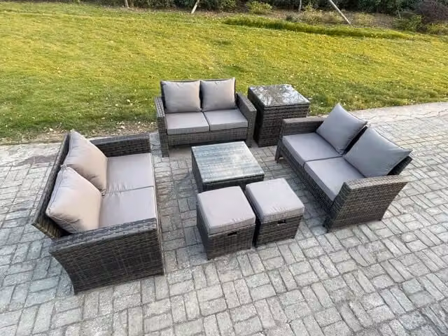 Fimous 7 Piece Outdoor Lounge Sofa Set in Dark Grey with PE Rattan, Coffee Table, Double Seater Sofa, Side Table and Upholstered Cushions
