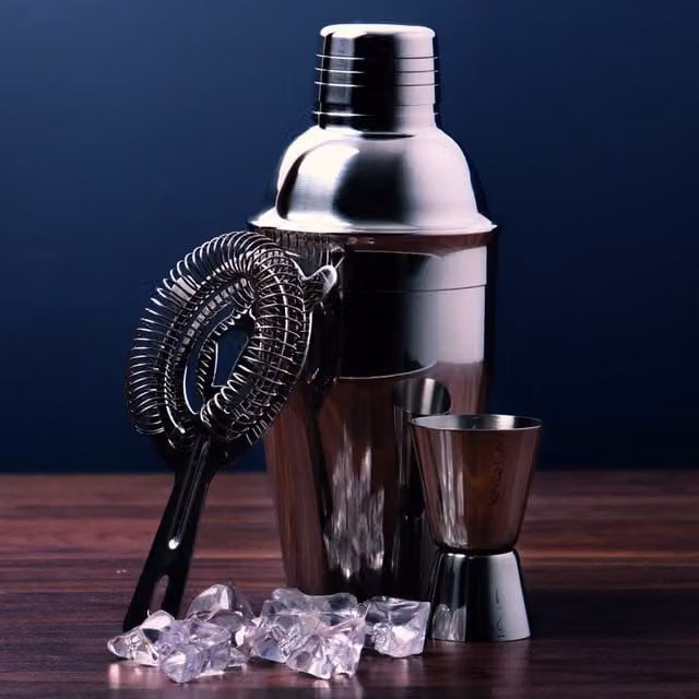 BarCraft Three Piece Stainless Steel Cocktail Shaker Set in Silver and Yellow