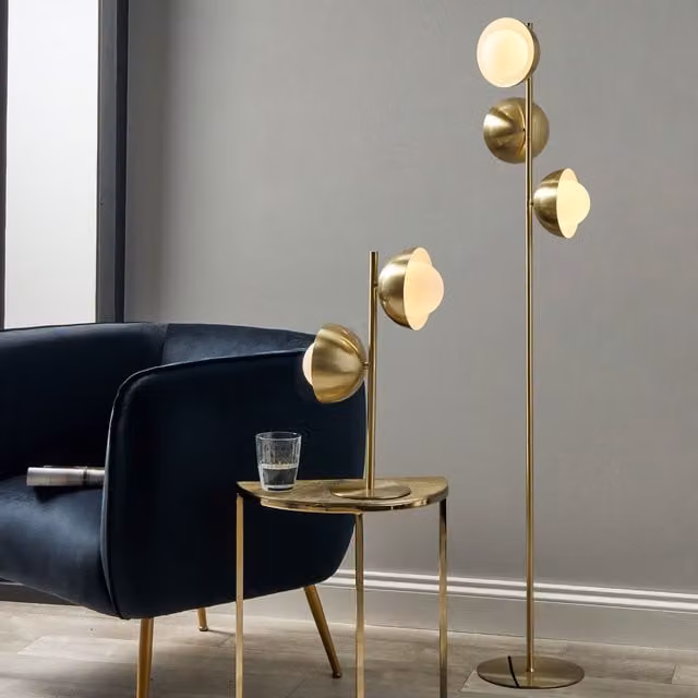 Ruma Art Deco Gold and White Orb Dome Floor Lamp with 3 Brass Metal and Glass Bulbs