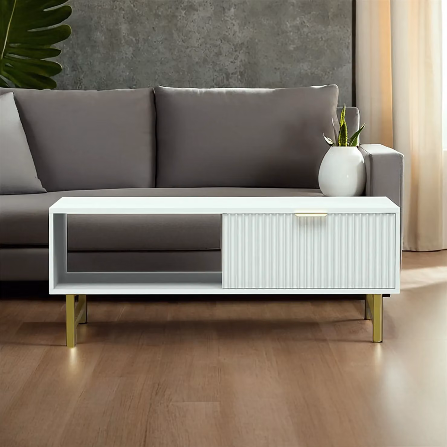 KOSY KOALA Modern White Coffee Table with Gold Metal Legs and Storage for your Living Room – 2