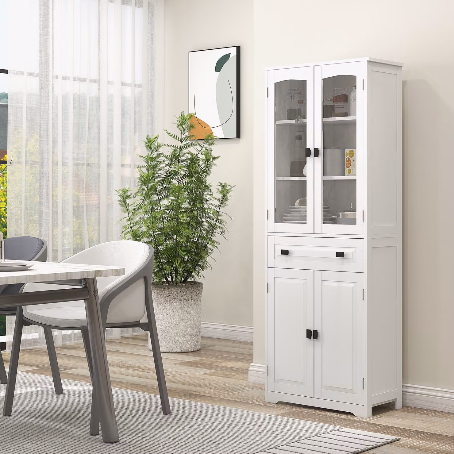 HOMCOM Freestanding Kitchen Tall Unit Storage Cabinet with Glass Doors and Internal Shelves in White and Black, Height: 160 cm – 2