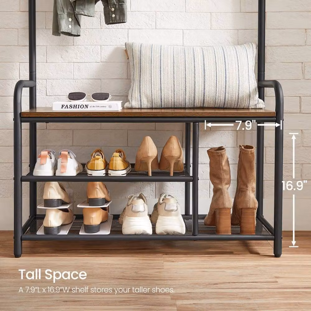 KORVIXA Industrial Hall Tree with Bench and Shoe Storage in Brown – 4