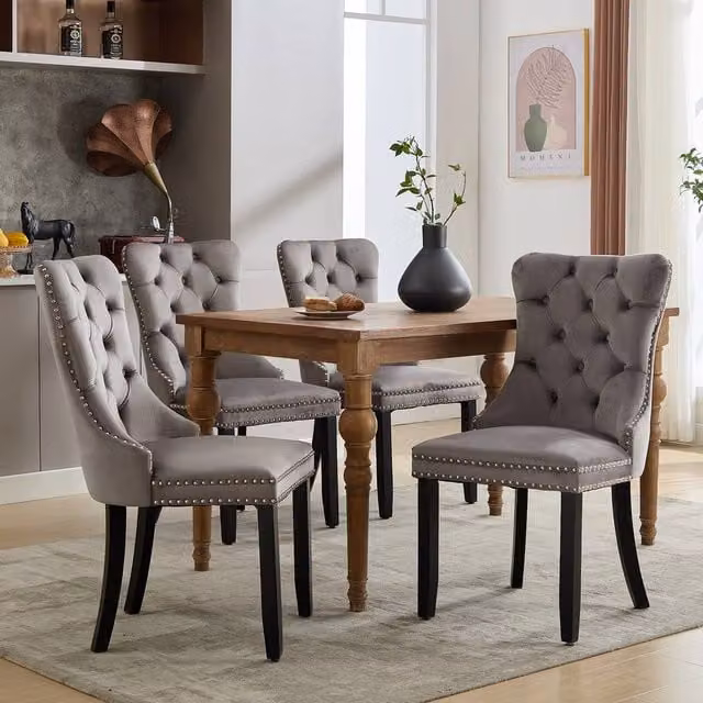 Rolipo Set of 4 Grey Velvet Upholstered Dining Chairs with Solid Rubberwood Legs – 1