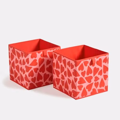 OHS Set of 2 Pink Heart Print Fabric Storage Boxes, Foldable Cube Organisers with Handles, W/D/H: 27.0 x 27.0 x 27.0 cm – 1