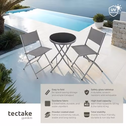 tectake Garden Bistro Set with Glass Top Table and 3 Chairs in Grey – 3