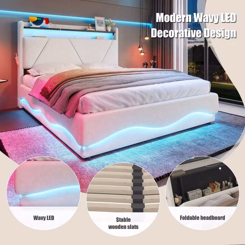 Direct Wicker Modern Upholstered King Size Storage Bed in Beige with LED Headboard, USB Ports and Lift Up Base – 3