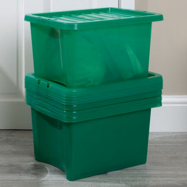 Wham Crystal 5 x 28 l Plastic Storage Boxes with Lids, Green Transparent