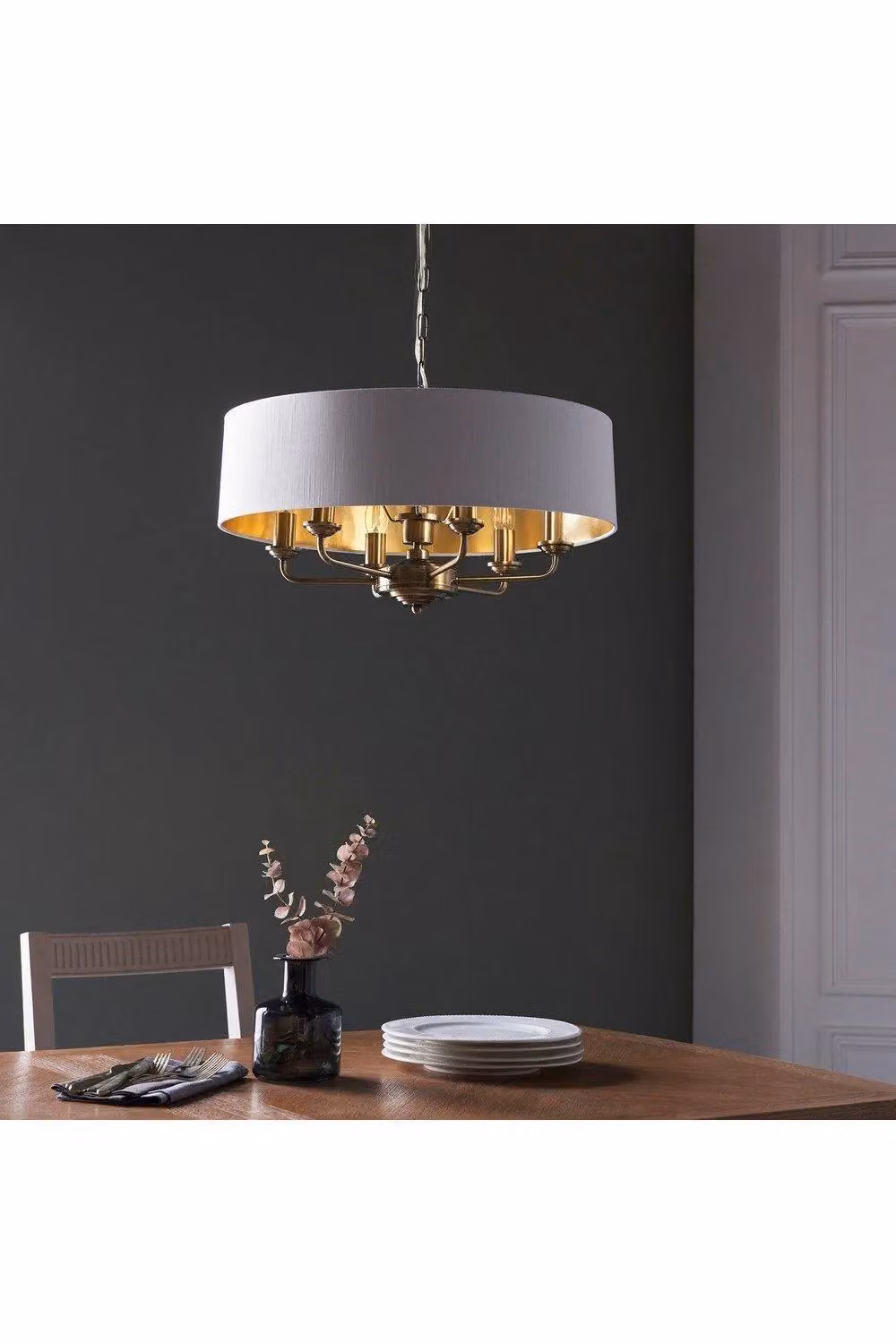 Netlighting Highclere Single Shade Pendant Ceiling Lamp with Antique Brass Plate and White Fabric Shade – 2