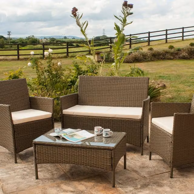 Comfy Living Modern 4 Piece Brown Rattan Garden Furniture Set with Glass Top and Cover