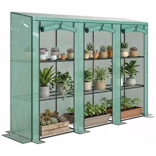 Outsunny 3 Tier Lean-to Mini Greenhouse with PE Cover, Green, W/D/H: 46 x 46 x 151 cm – 1