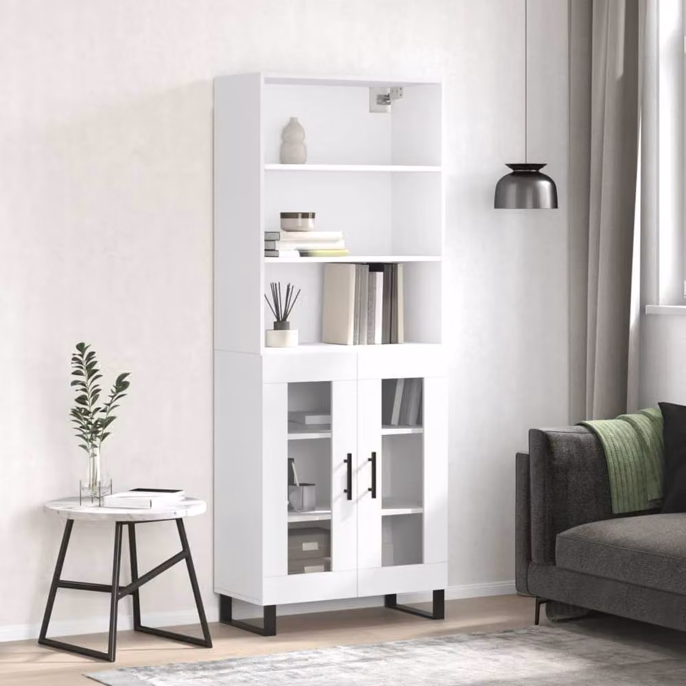 Berkfield Home Modern White Highboard with Glass Doors, H 180 x W 69.5 x D 34 cm – 2