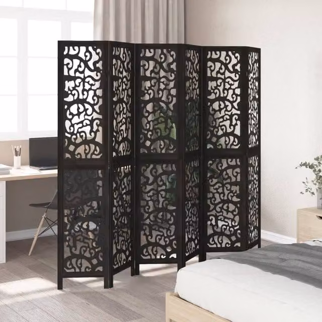 Berkfield Home 6-Panel Room Divider in Black Solid Paulownia Wood, H 215 cm x W 200 cm x D 1.6 cm – 1