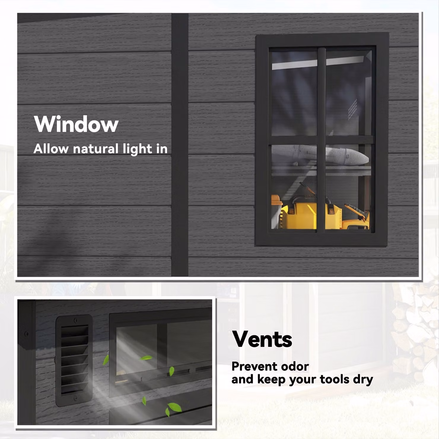 Outsunny Wood-Effect Plastic Garden Shed in Dark Grey with Windows, Floor and Lockable Double Doors – 5