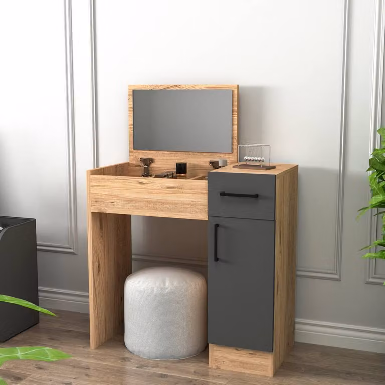 Destina Home Agnes Dressing Table with Mirror, Shelves and Drawer in Grey, Width: 74.2 cm