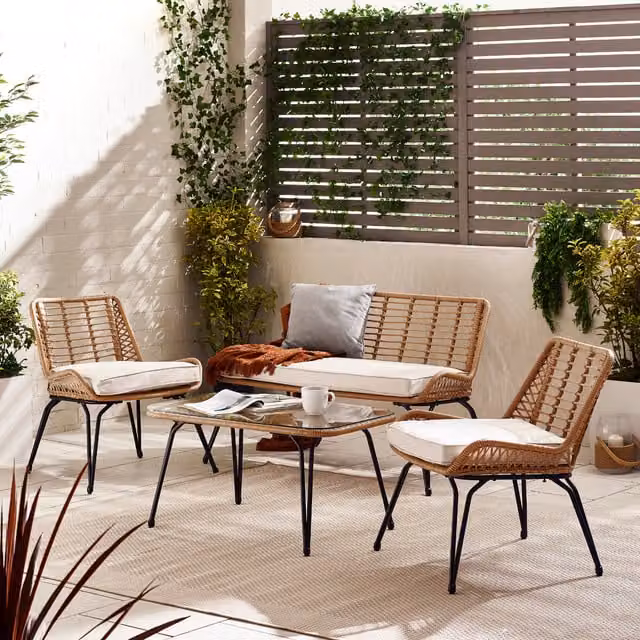 FurnitureboxUK Lisbon Rattan Garden Conversation Set with Metal and Glass Details in Beige and Black – 1