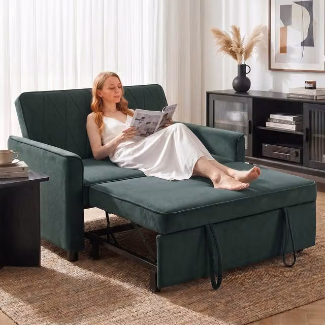 HOMCOM 2 Seater Velvet Pull Out Sleeper Sofa Bed in Dark Green
