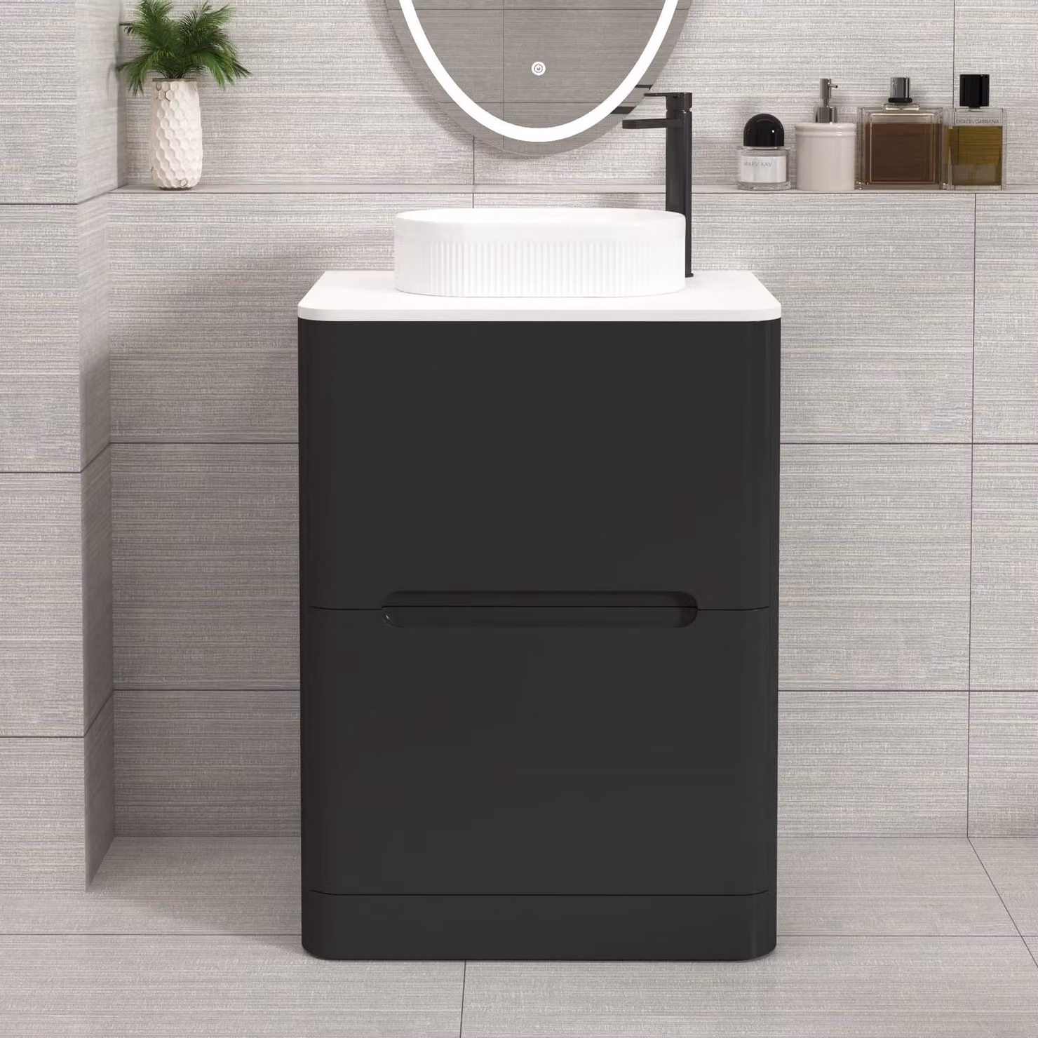 Royal Bathrooms Venice 600mm Matt Nocturne Black Floor Standing 2 Drawer Vanity Unit with Plain White Worktop and Lyon Basin