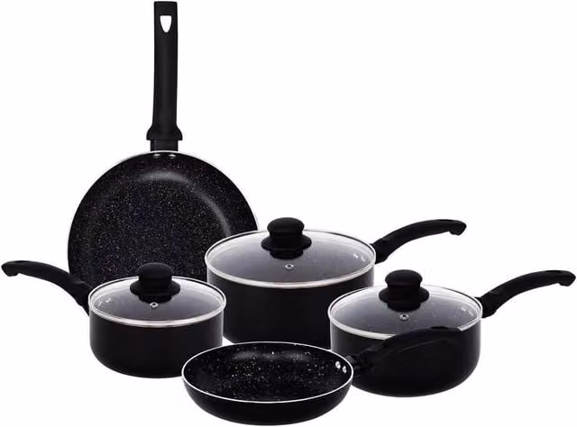 FORGEVIO Black Marble Ceramic Non Stick Induction Saucepan and Frying Pan Set with Lids