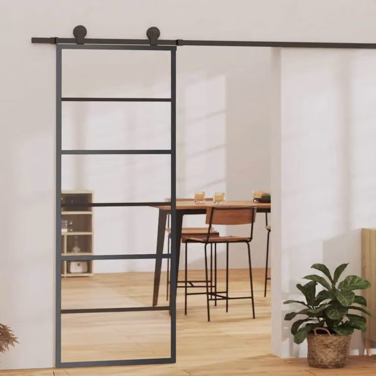 Berkfield Home Industrial Sliding Glass and Aluminium Door, Black, W: 76 cm, H: 205 cm