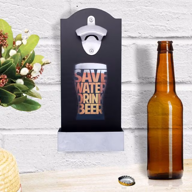 Maison Des Cadeaux Retro Save Water Drink Beer Bottle Opener and Cap Holder with Shelf, Black Wall Mounted Decor