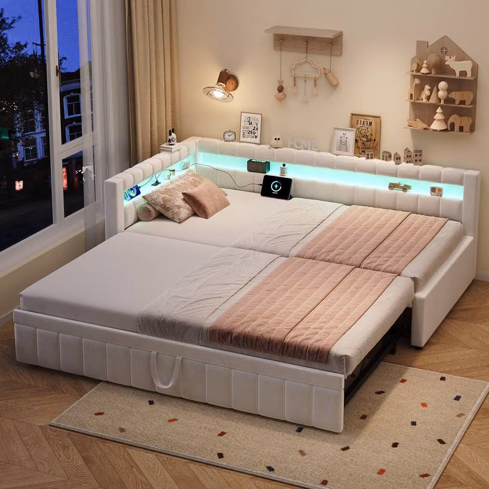 ModernLuxe Beige Velvet Upholstered Single Daybed with Pull Out Trundle, LED Under-Bed Lighting and USB Charging Port – 2