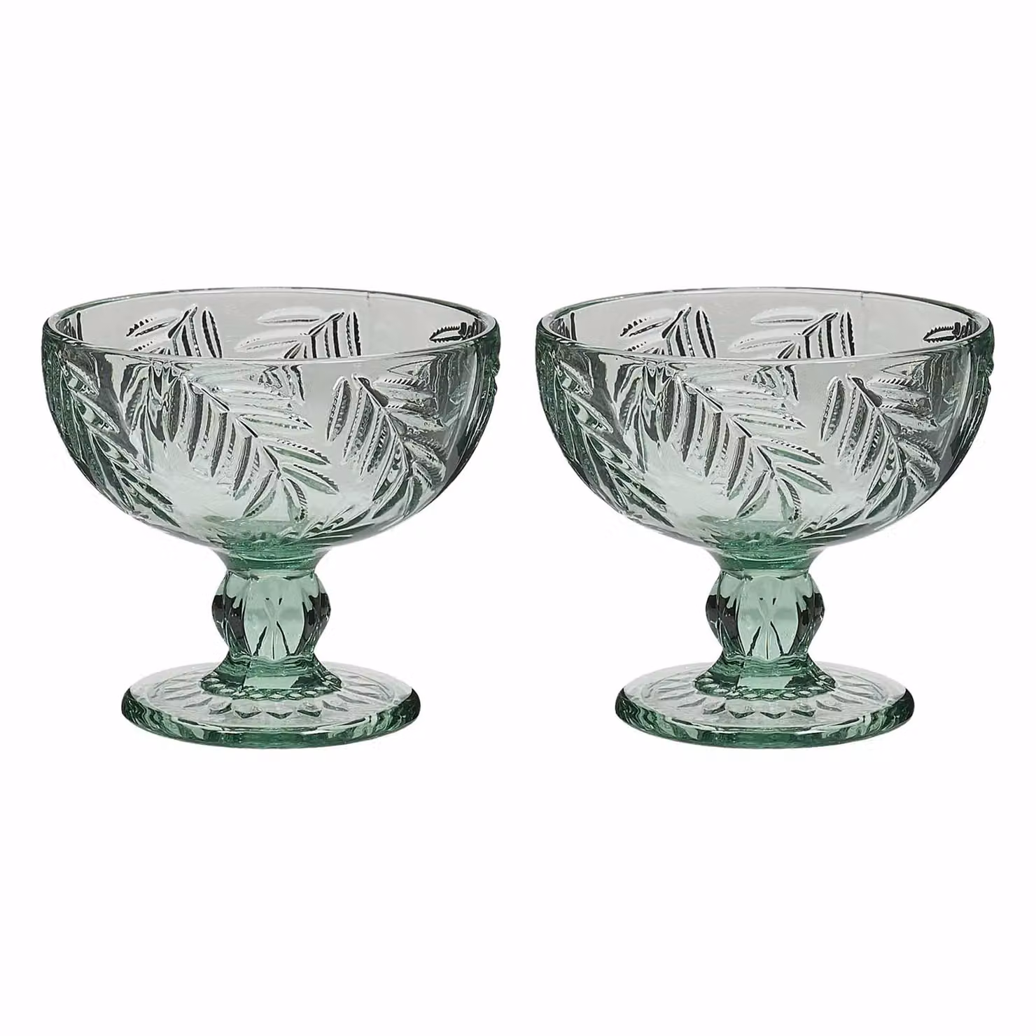 Dibor Set of 2 Laurier Green Embossed Leaf Glass Dessert Bowls, H: 10.5 cm, Dia: 12 cm – 2