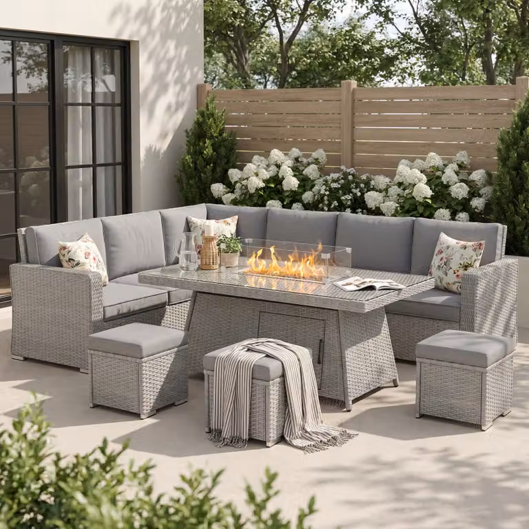 Outsunny 7 Piece Grey PE Rattan Garden Furniture Set with 50,000 BTU Gas Fire Pit Table, Double Corner Sofa and 3 Footstools
