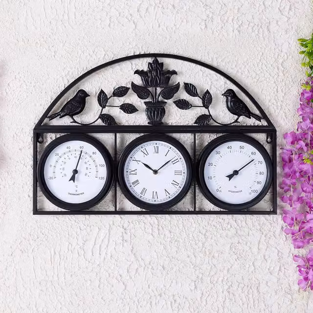 Charles Bentley Shabby Chic Round Analog Wall Clock with Thermometer and Hygrometer in Dark Grey and Black – 1