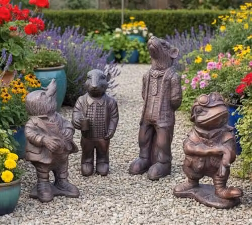 Wind in the Willows Large Garden Sculpture Set of 4 featuring Toad, Ratty, Badger and Mole in Bronze Brown