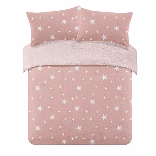 Dreamscene Star Printed Teddy Fleece Duvet Cover and Pillowcase Set, Pink and White, 140 x 200 cm