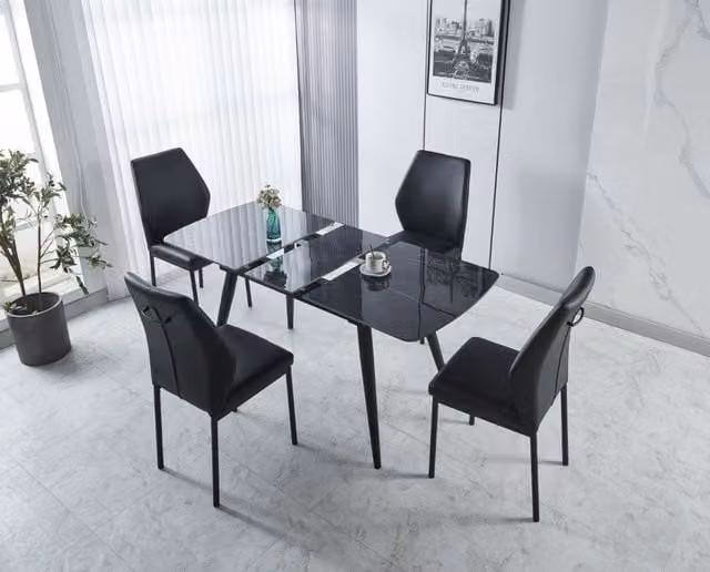 Modernique Black Sintered Stone Top Extending Dining Table and 4 Faux Leather Chairs Set