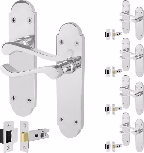 AFIT Polished Chrome Door Handles with Latch, 5 Pairs in Silver, W/D/H: 15 x 15 cm