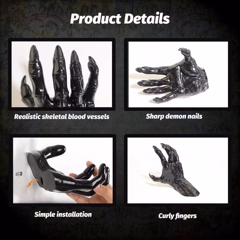 NIVOR 3 Pack Black LED Creepy Reaching Hands Wall Mounted Gothic Horror Decor – 4