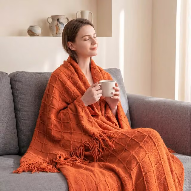 Livingandhome Orange Geometric Knitted Throw Blanket with Fringes