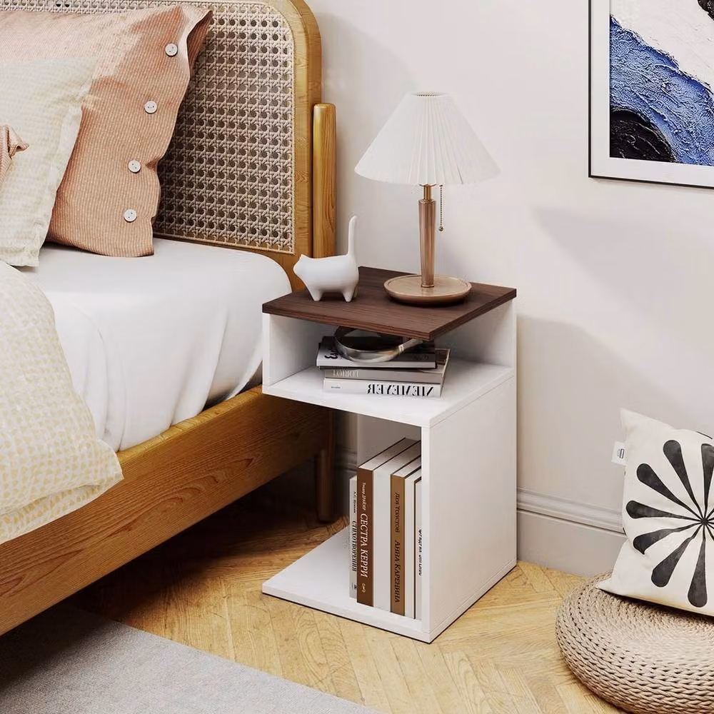 VOGREX S-Shaped Space Saving Sofa Side Table with 2 Open Storage Compartments in White – 2