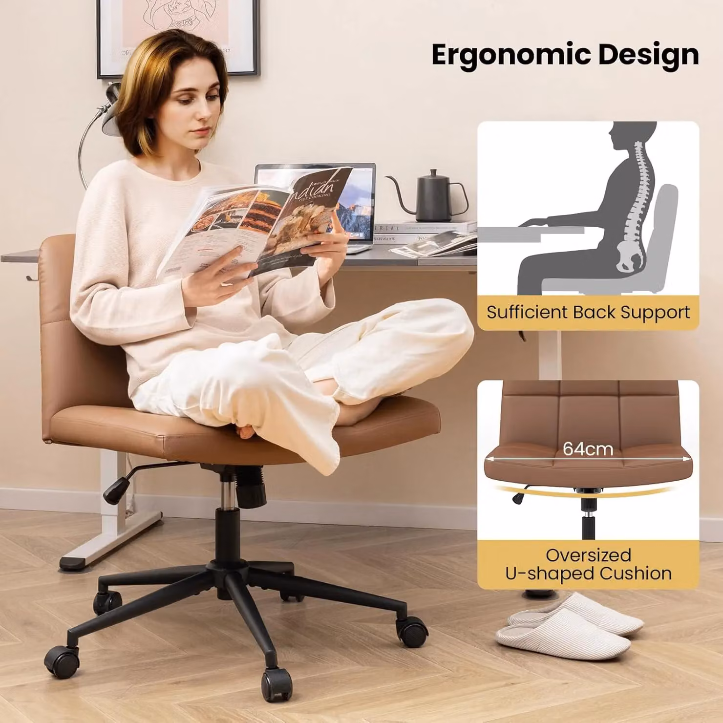 Gymax Brown Upholstered Synthetic Leather Oversized Task Chair with Swivel Castors for Home Office – 2