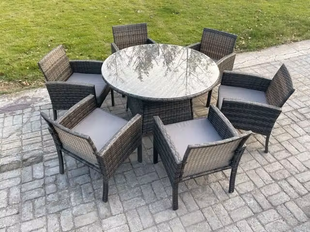 Fimous 6 Seater Rattan Garden Dining Set with Large Round Glass Top Table and Armchairs in Dark Grey