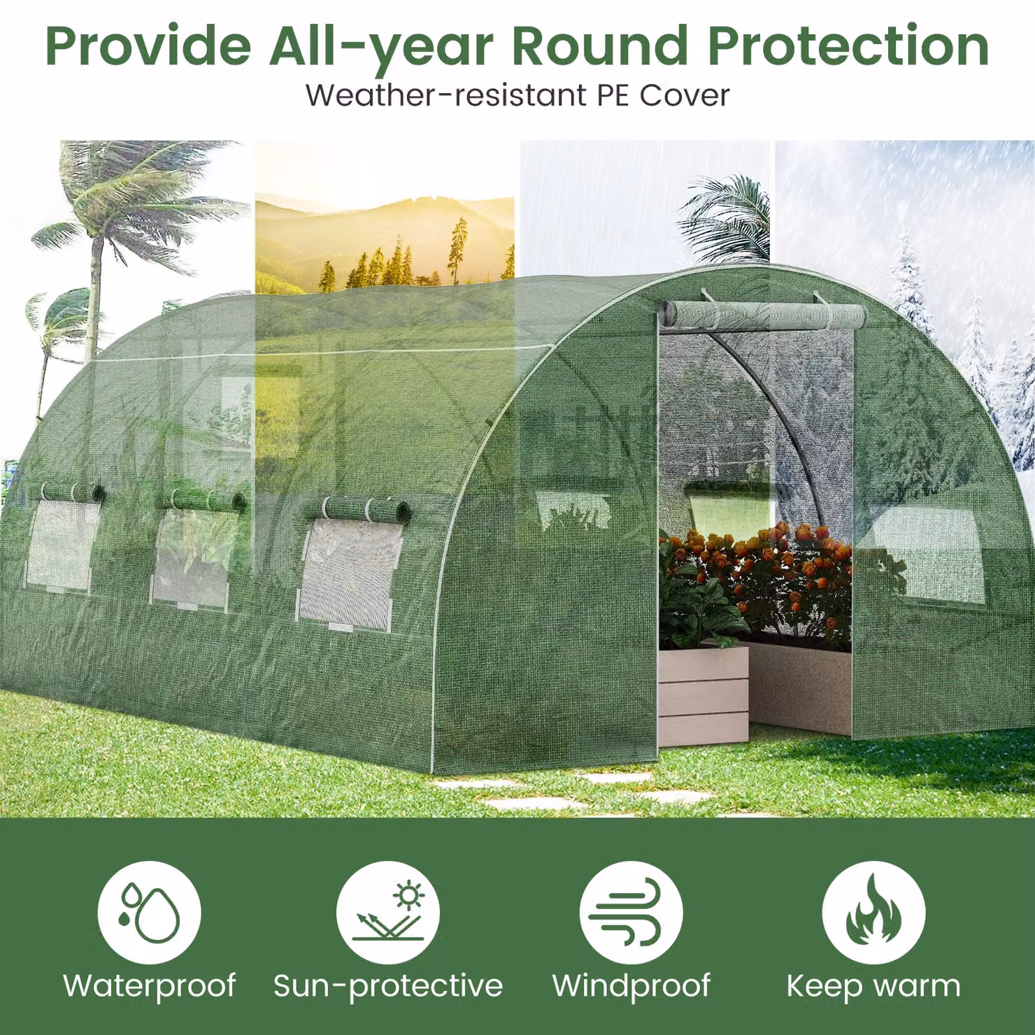 Costway Green Outdoor Walk-in Tunnel Greenhouse with Roll-up Windows, W/D/H: 400 x 300 x 200 cm – 6