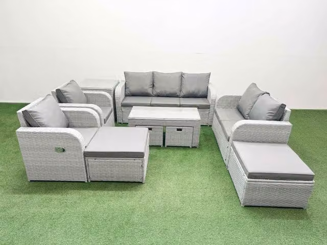 Fimous PE Wicker Rattan Garden Furniture Set with Oblong Coffee Table and Love Sofa in Light Grey