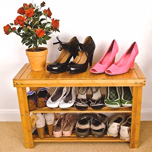 mysmartbuy 3 Tier Bamboo Shoe Rack, Brown Wooden Storage Organizer Bench, H 45 x W 70 x D 28.5 cm – 3