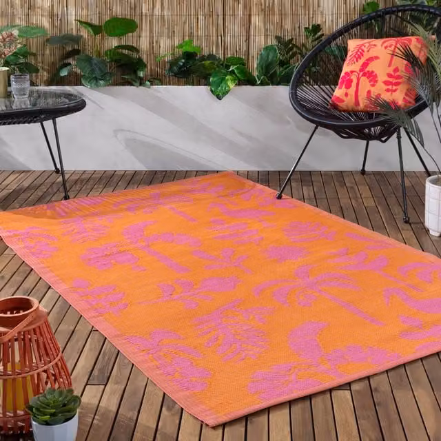 Marula Recycled Woven Floral Rug in Orange and Pink for Indoor and Outdoor Use