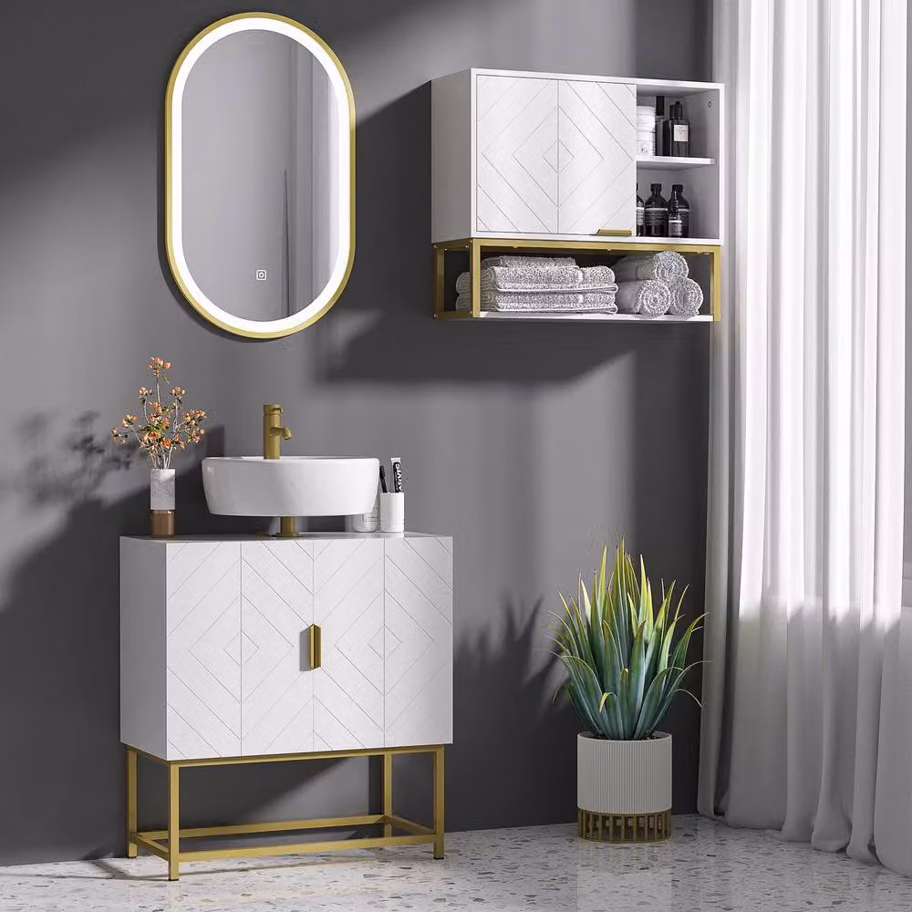 STILVORA Modern White and Gold Under Sink Bathroom Cabinet with Hinged Doors and LED Lighting – 2