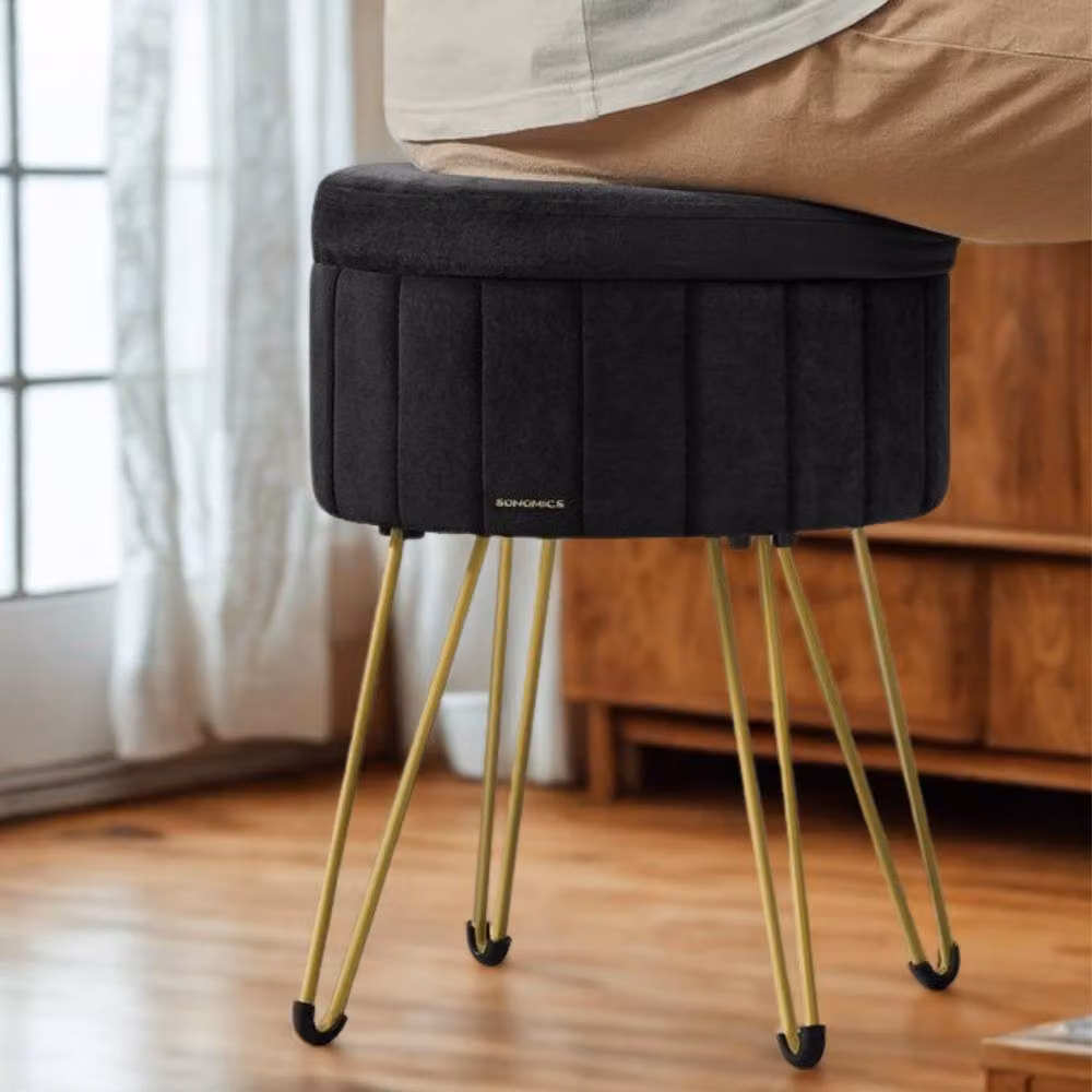 Pirlo Plush Velvet Round Ottoman Footstool with Storage in Black – 3