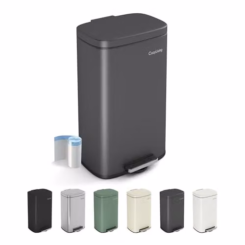 CozyLiving Pedal Kitchen Bin with Soft Close Lid and Removable Inner Bucket, Fingerprint-Proof Steel Body, Grey, 30L