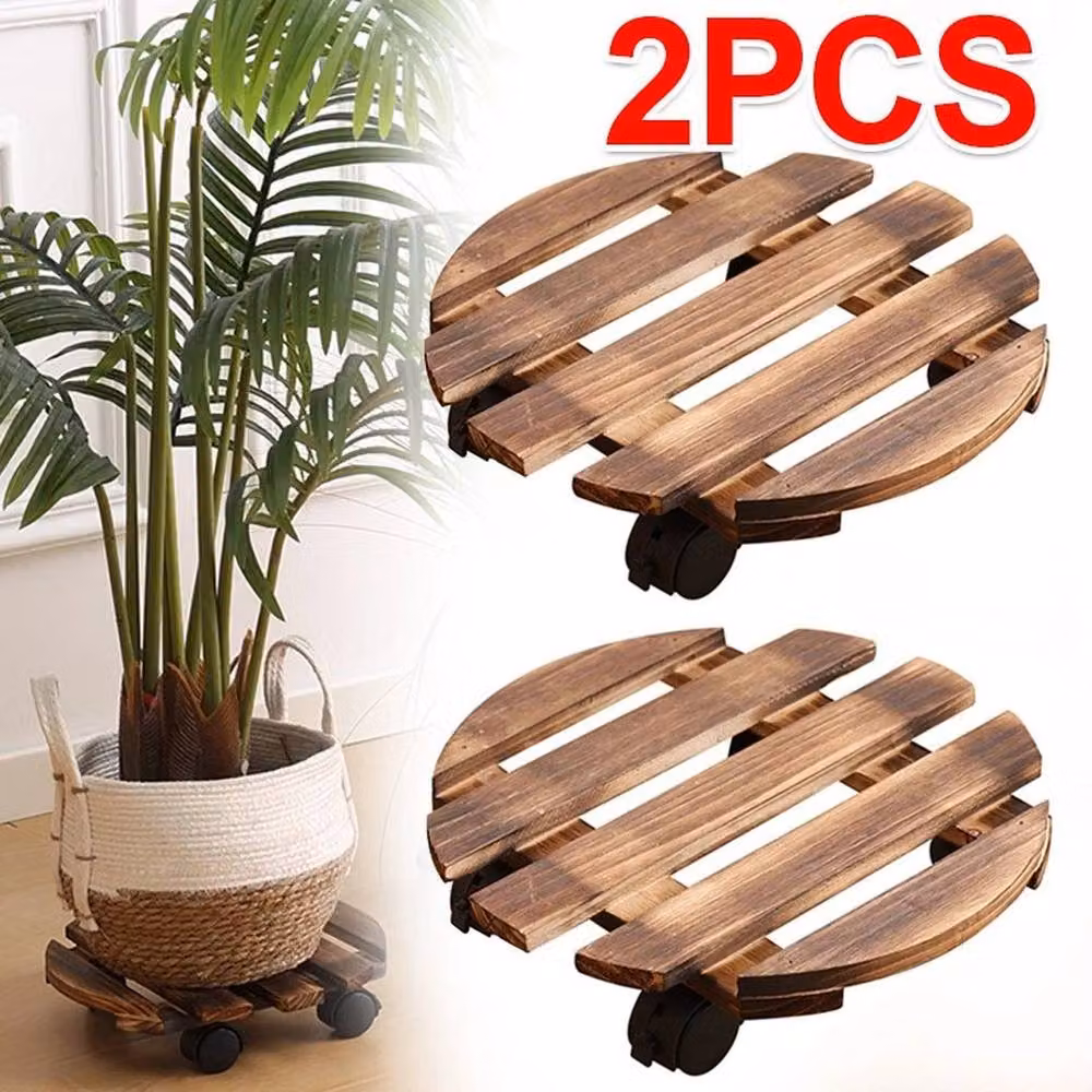 FLAVORA 2 Pack Wood and Steel Plant Caddy Stands in Brown, Diameter: 30.48 cm – 5