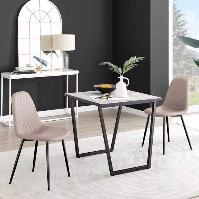 FurnitureboxUK Carson White Marble Effect Square Dining Table and 2 Beige Faux Leather Corona Chairs with Black Legs