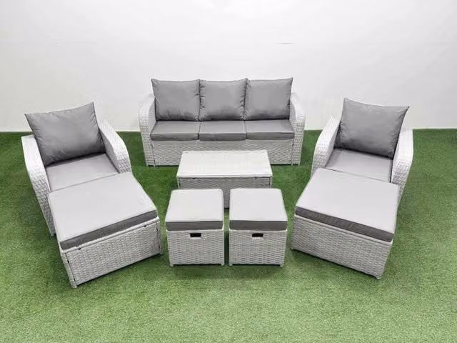 Fimous 8 Piece Modern Garden Furniture Set with Rectangular Coffee Table, Reclining Chairs and Inclining Sofa in Light Grey