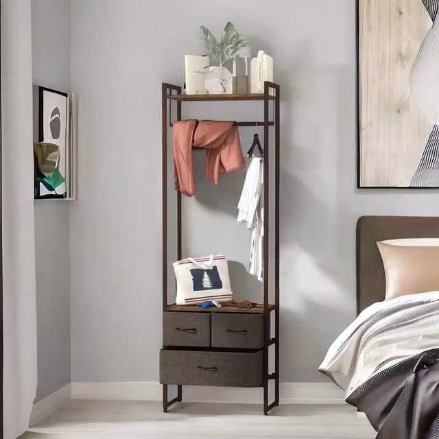 FURNOS Industrial Hall Tree Coat Rack with 3 Fabric Drawers in Brown, H 178 x W 58.5 x D 30 cm