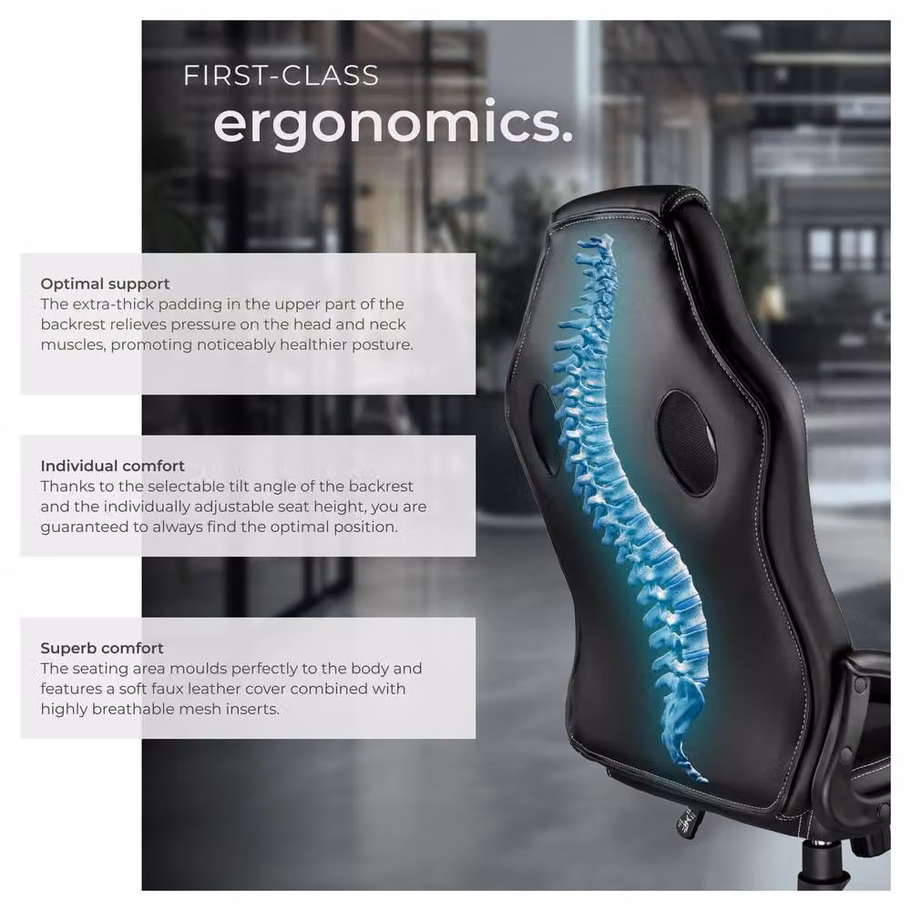 tectake Tyson Ergonomic Gaming Chair in Black with Synthetic Leather and Armrests – 4